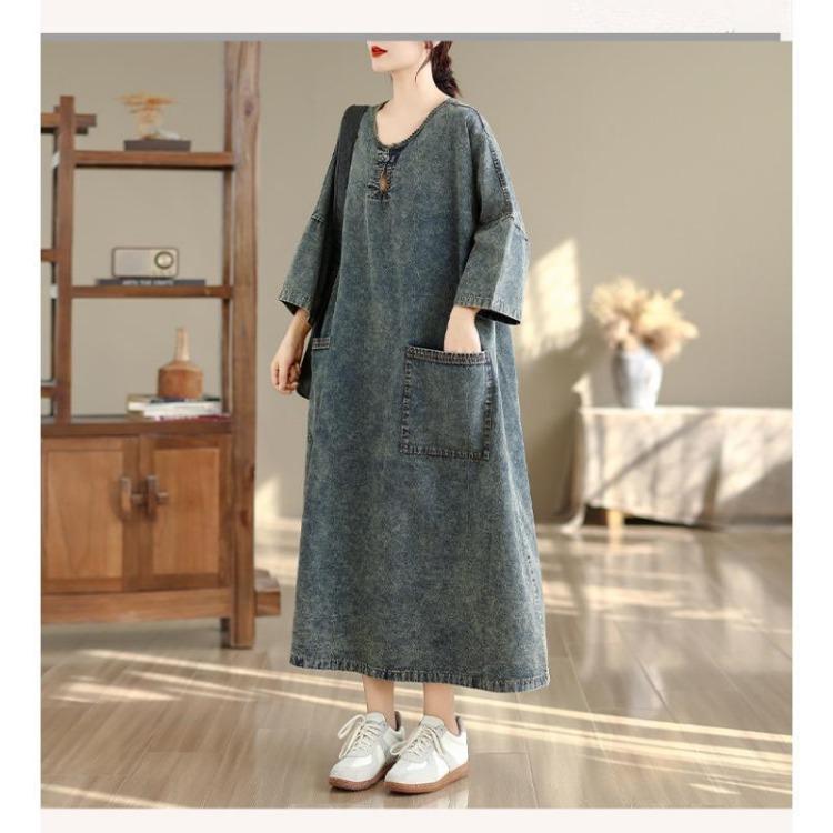 Plus Size Denim Dress Vintage Loose Long Maxi Dress Women Casual Cotton Dresses Autumn