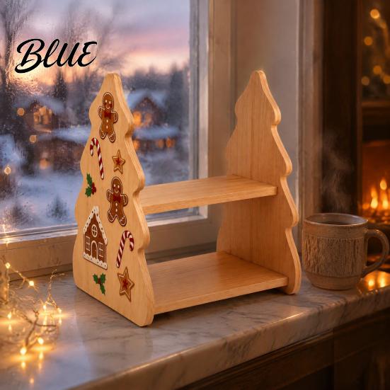 Holiday Home Decoration Christmas Tree Shaped Wooden Storage Shelf 2‑Tier Desktop Display Rack with Table Centerpiece Xmas Stickers Rustic