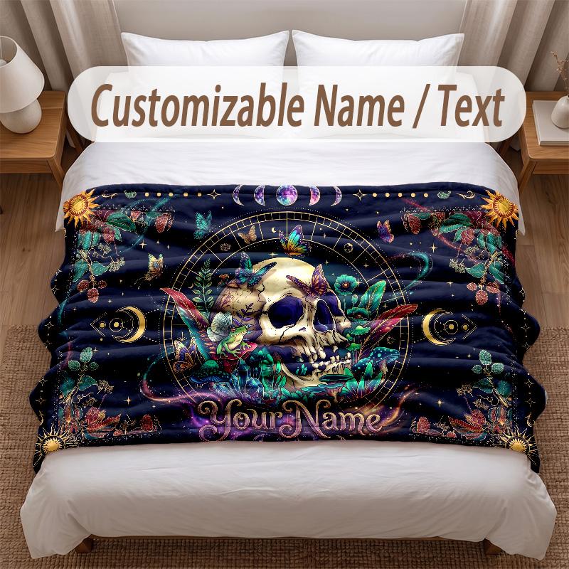 Skull Gothic Theme Soft Blanket Personalized Custom Name Text Print Warm Blanket Home Sofa Bedroom Decor