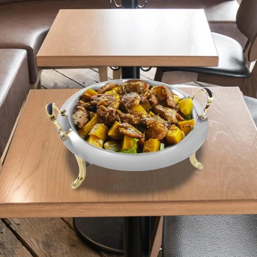 3L Round Buffet Chafing Dish, Stainless Steel/Glass Lid, Gold Handle, Gel Fuel Heater