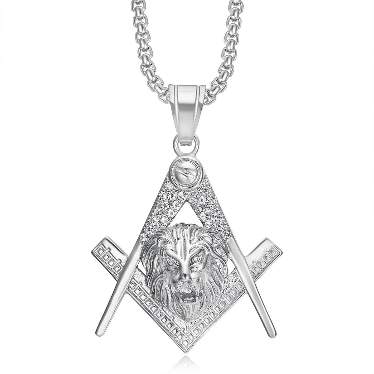 

2025 Fashion Trend Jewelry Inlaid Zircon Freemason Lion Head Pendant Necklace 60CM