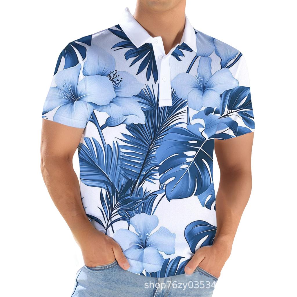 Short-sleeve polo shirt with golf stick figure prints, versatile casual top.