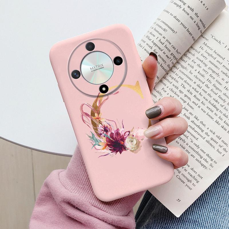 Buchstaben-Handyhülle für Honor X9b X9a Magic5 Lite Magic6 Lite 5G Hülle Retro-Blumen Rosa Schwarz Weiches TPU Initialen Silikon Fundas