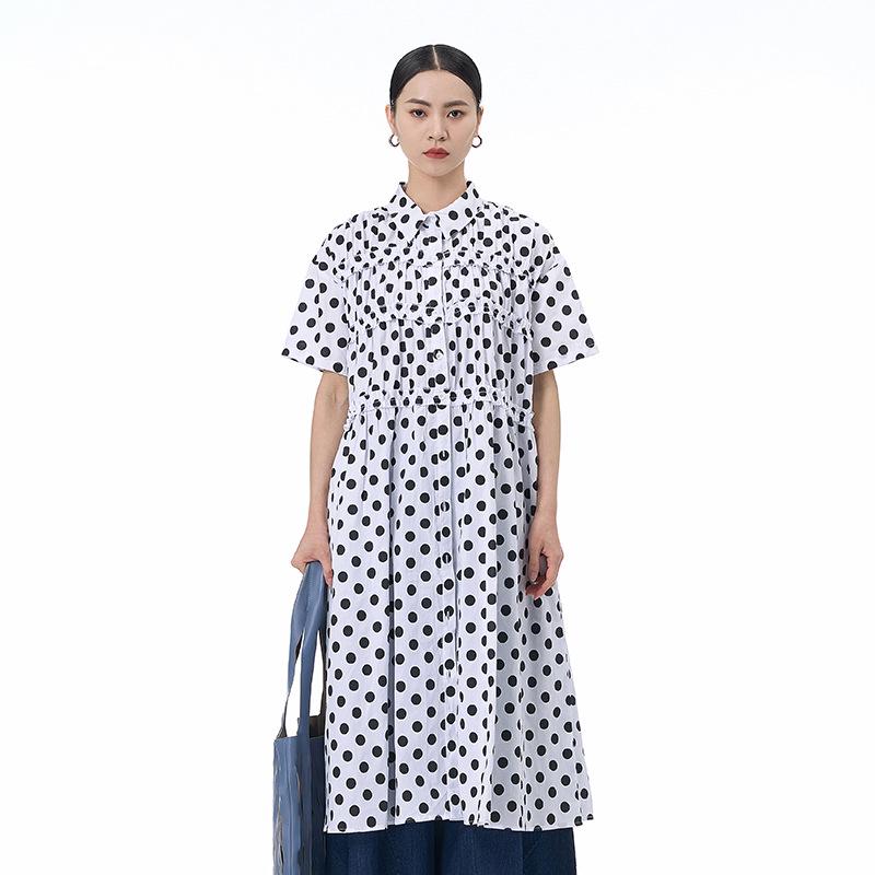 

Korean Polka Dot Pleated Short Sleeve Shirt Dress 2026 - Plus Size Summer Slimming Loose Fit Women s Clothing One Size белый