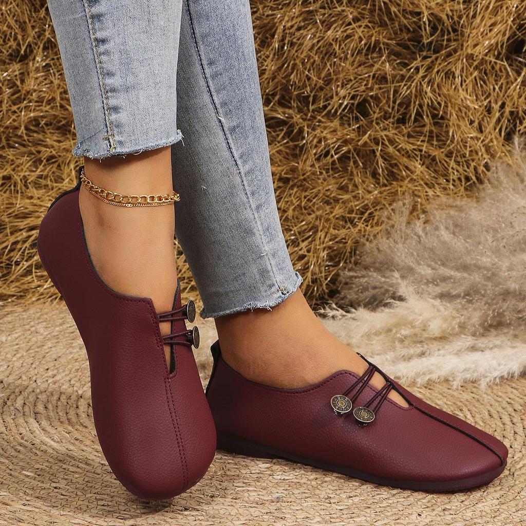 Women's Soft Leather Flat Casual Shoes, Round Toe Shallow Mouth Slip-On Loafers, Plus Size Comfort Footwear
