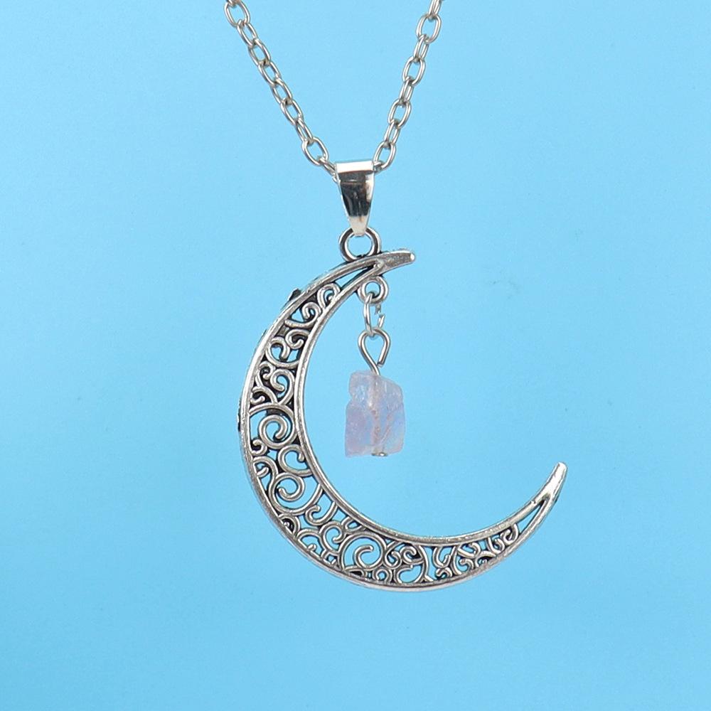 Hollow Moon Natural Rough Stone Crystal Pendant Necklace Amethyst Pendant Couple Necklace N597