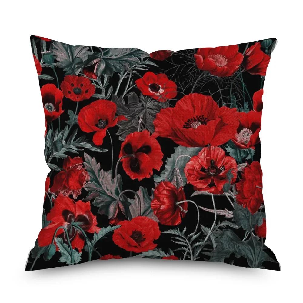 Vintage Floral Leinen Kissenbezug Schwarze Nacht Rose Kissenbezüge Dekorativ Interieur für Heimdeko Kissenhülle für Schlafzimmer 45x45