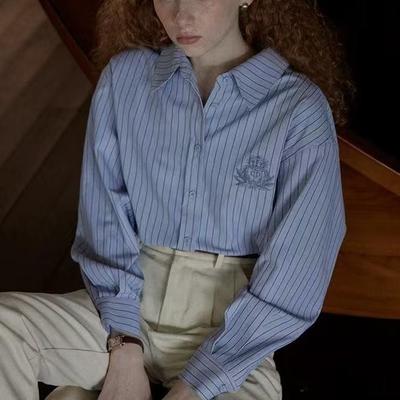 Women's French Retro Blue Striped Shirt, Early Autumn 25/F Commuter Top