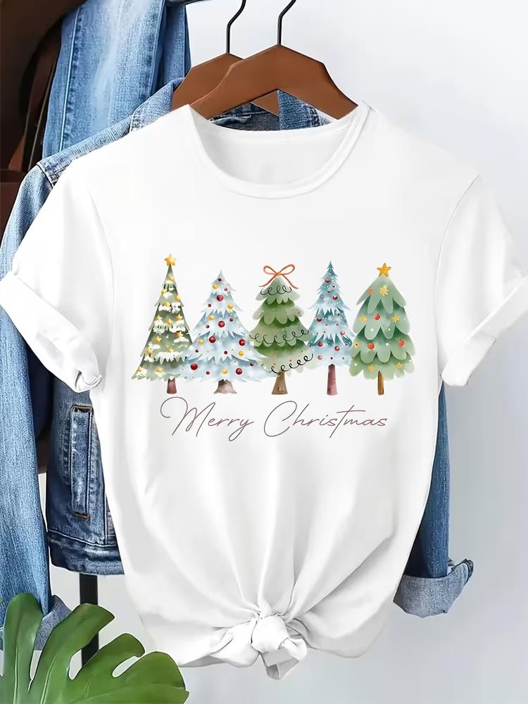 (Asian Size) letter style  Short Sleeve T-shirts  Merry Christmas Women's Top O-neck T Shirt Print  Fashion Casual New Year Clothing Graphic Tee
