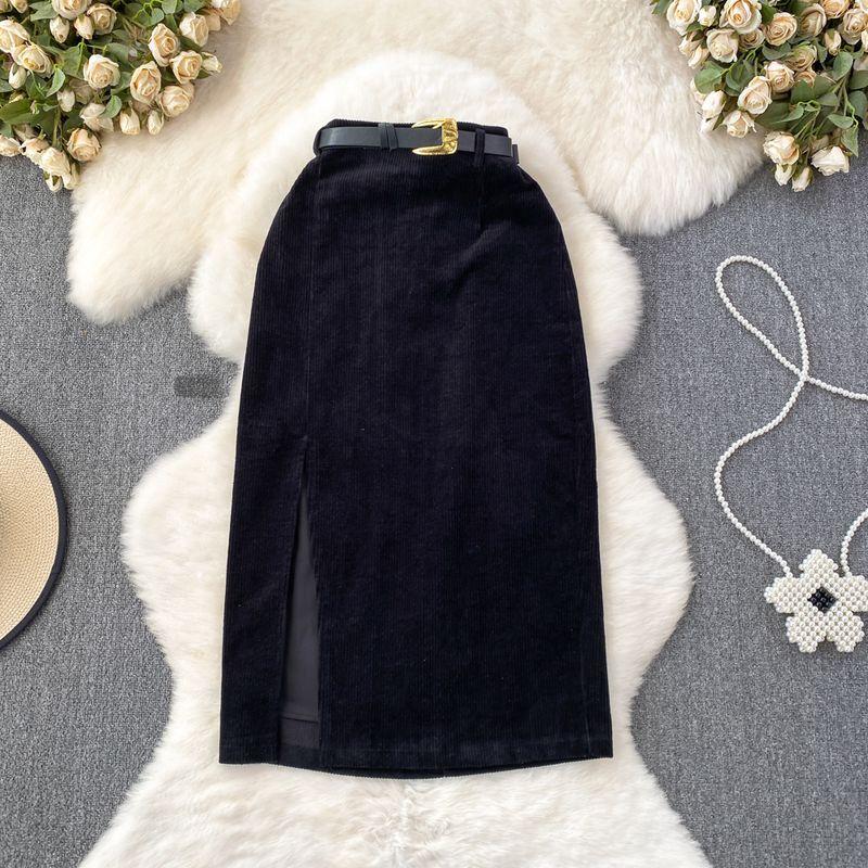 

Ретро Вельветовая Миди Длинная Юбка с Разрезом до Колена Black M