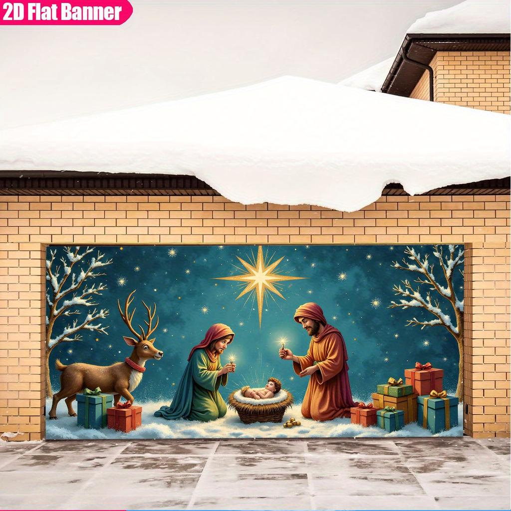 2D door curtain, 1 piece, ASOONYUM large Christmas horse trough scene banner, including Mary, Joseph, Jesus, reindeer, a