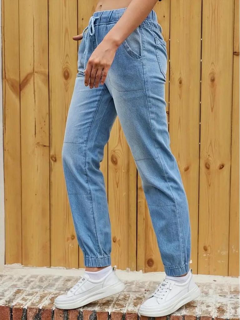 Women's Casual Light Blue Elastic Waist Denim Pants