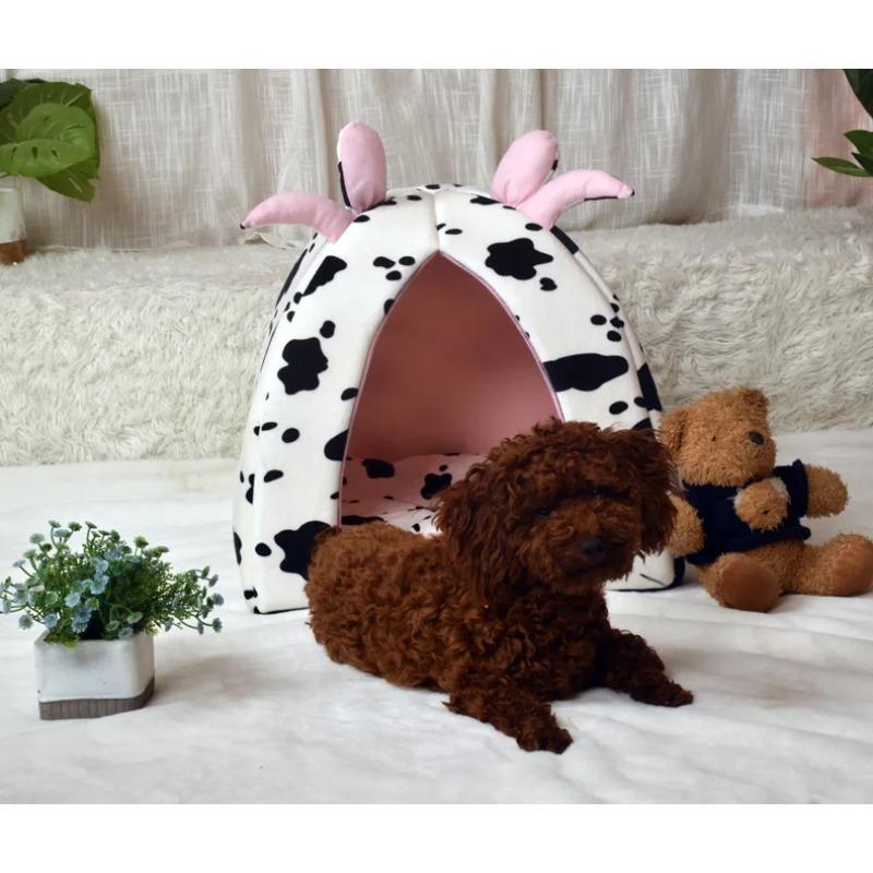 Pet Tent Cave Bed for Cats Small Dogs Self-Warming Cow print Cat Tent Bed Cat Hut Comfortable Pet Sleeping Bed