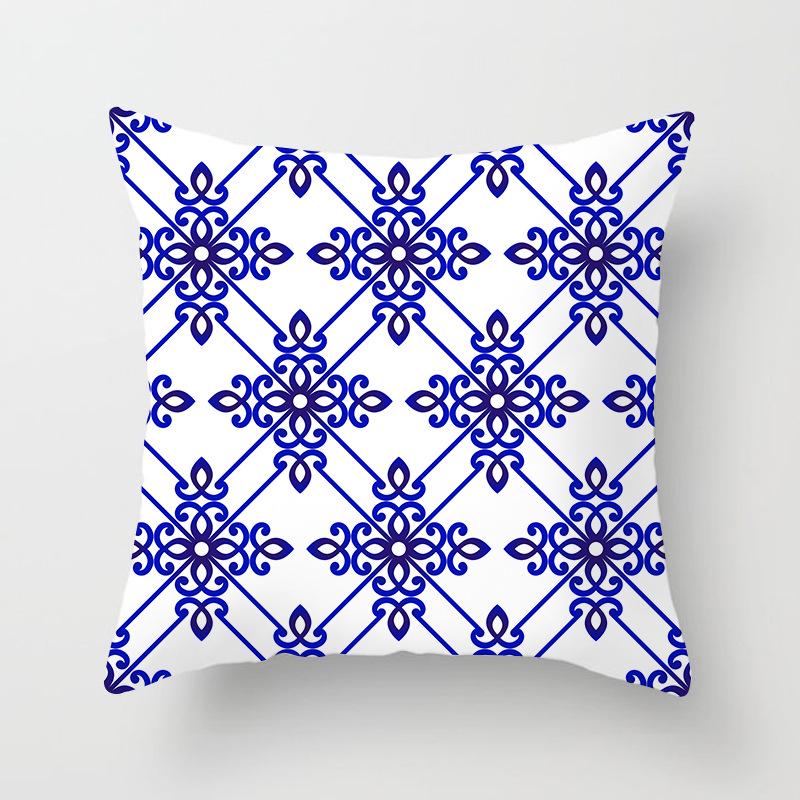 Peach Skin Pillowcase Blue and White Porcelain Geometric Print Abstract Sofa Cushion Cover Office Waist Pillow Cover