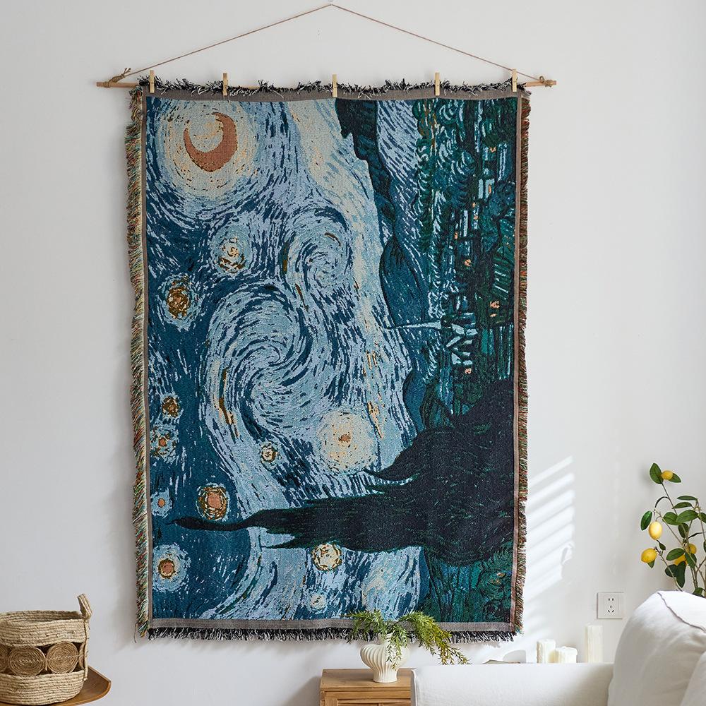 Retro Star and Moon Cloud Scene Hanging Cloth Art Style Fabric Hanging Painting Homestay Wall Decoration Background Cloth Cotton Yarn Fringed Tapestry