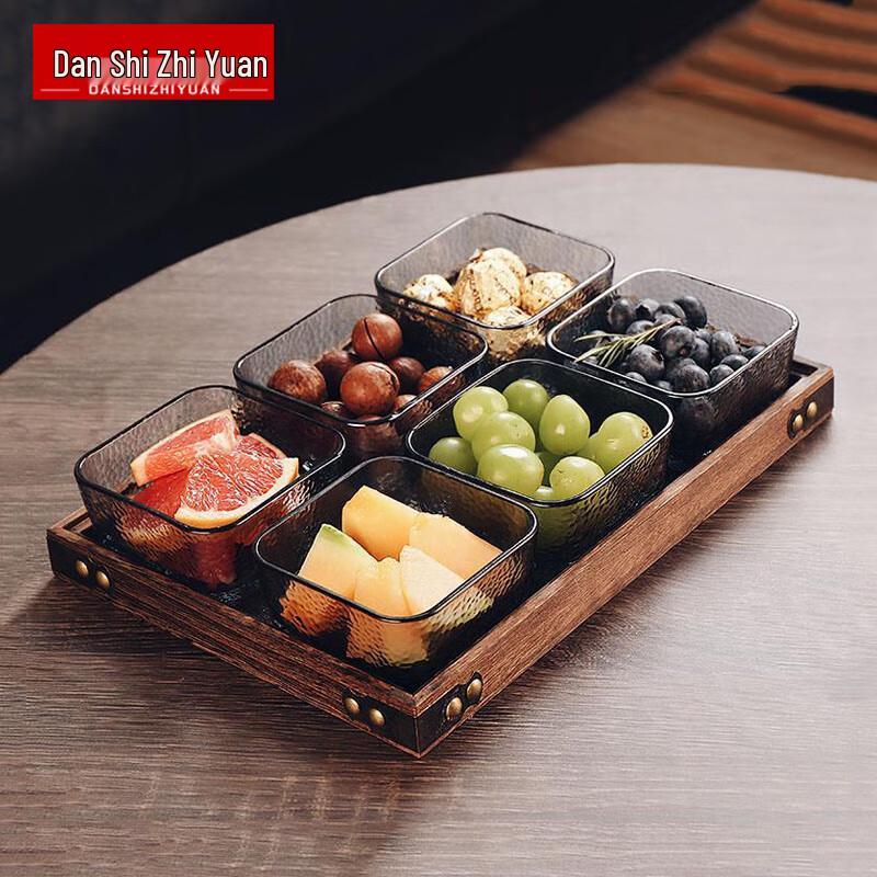 Divided Glass Snack & Fruit Platter with Wood Tray