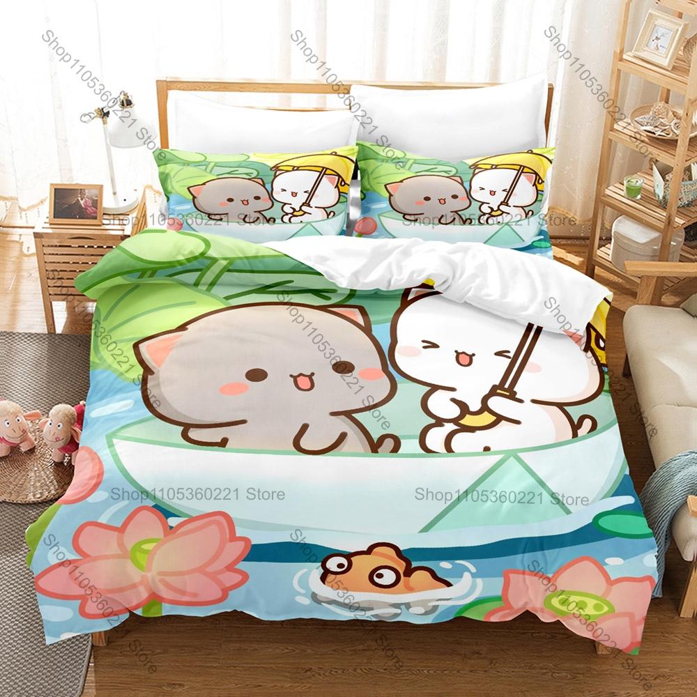 Personality Adorable Peach And Goma Cat Bedding Set New Sweet Couple Printed Duvet Cover Soft Bed Set For Girls Kids Room