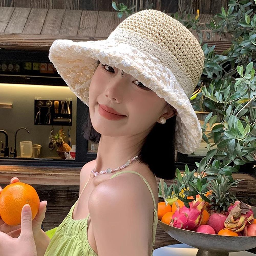 Large Brim Flower Sun Hat Anti UV Lace Bowknot Sunshade Cap Vacation Woman's Straw Hat  Girls