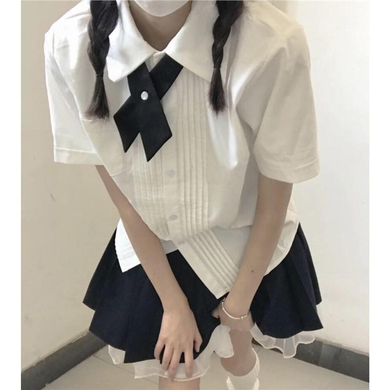 Original JK Academy Style Pleated Short Sleeve Women's Graduation Shirt In Milk White