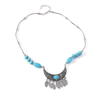 Ethnic Inspired Turquoise and Leaf Tassels Pendant Necklace Lightweight Retro Clavicle Jewelry Accessory for Daily Wear