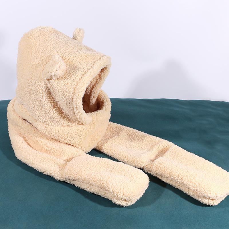 Hat Women's Bear Hat Scarf Gloves One Piece Winter Warmth Korean Style Versatile One Piece Pullover Hat
