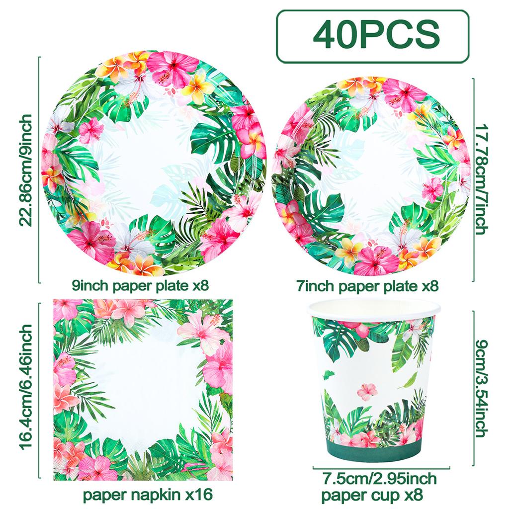 Hawaiian Leaves Flower Disposable Tableware Summer Theme Birthday Party Decor Paper Cup Napkin Tropical Hawaii Party Supplies