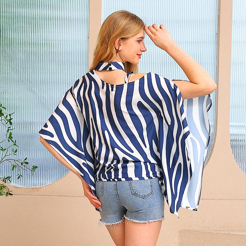 Sommarskjorta för damer med löst fladdermustryck med hängande hals Temperament fladdermusärmad skjorta