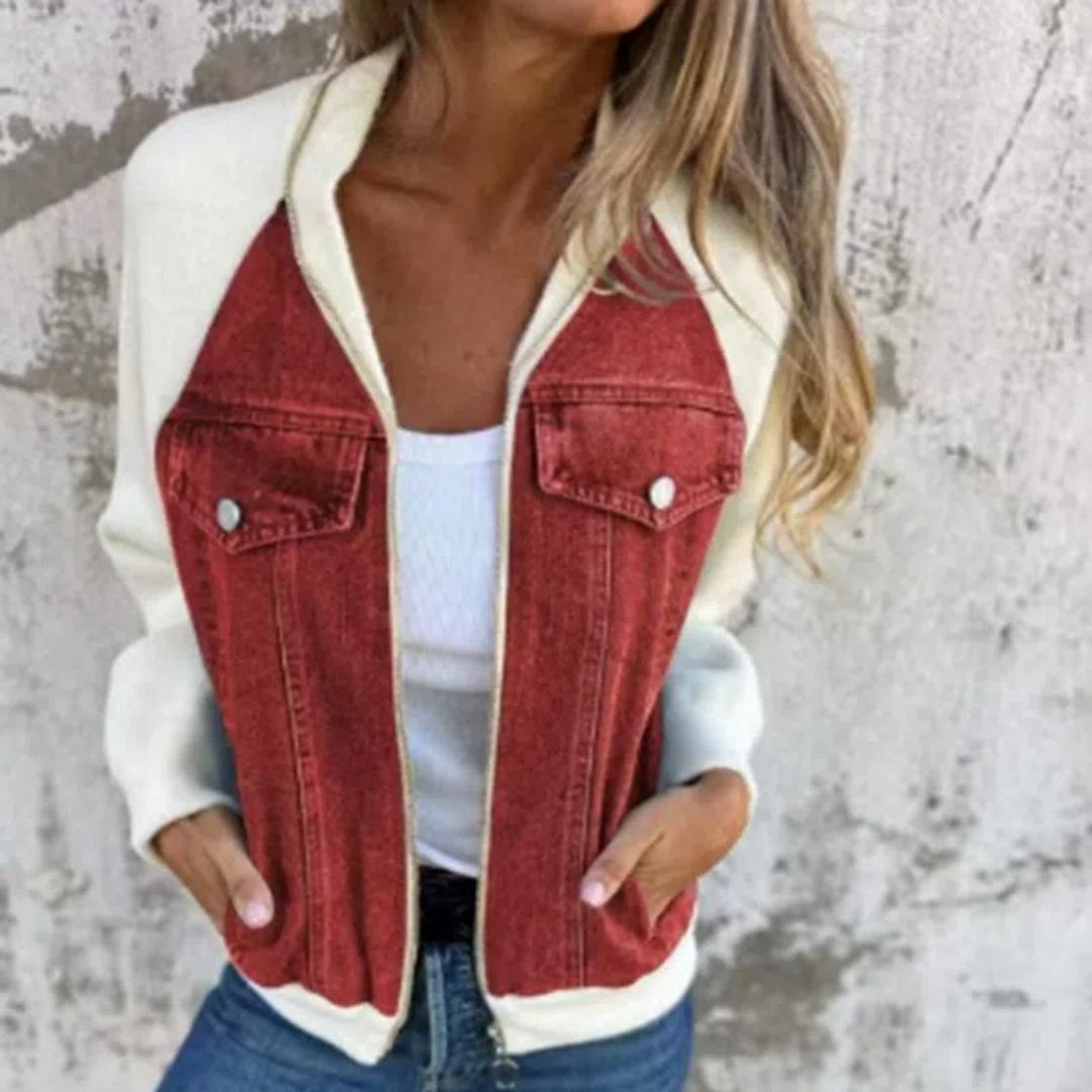 

Женская повседневная джинсовая куртка с длинными рукавами и плетением XXL красный