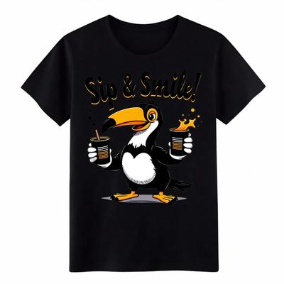 Sip & Smile Tukan Grafik-T-Shirt - Niedliches Cartoon-Vogel-Print-T-Shirt für den täglichen Gebrauch
