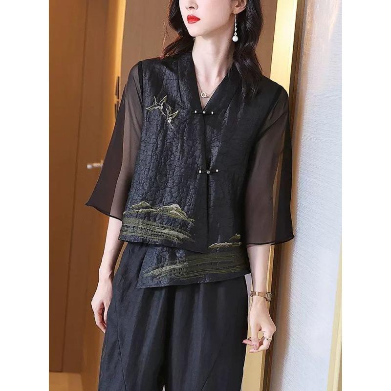 Dámské hedvábné vintage vyšívané asymetrické halenky Jaro Léto Elegantní design v čínském stylu Kardiganové košile Blusa Mujer Moda