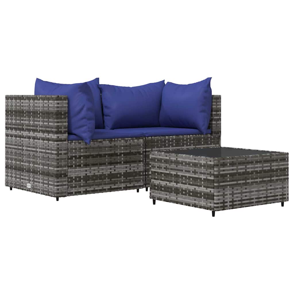 Vidaxl 3-Cz. Garden Lounge Set, Cushions, Grey PE Rattan