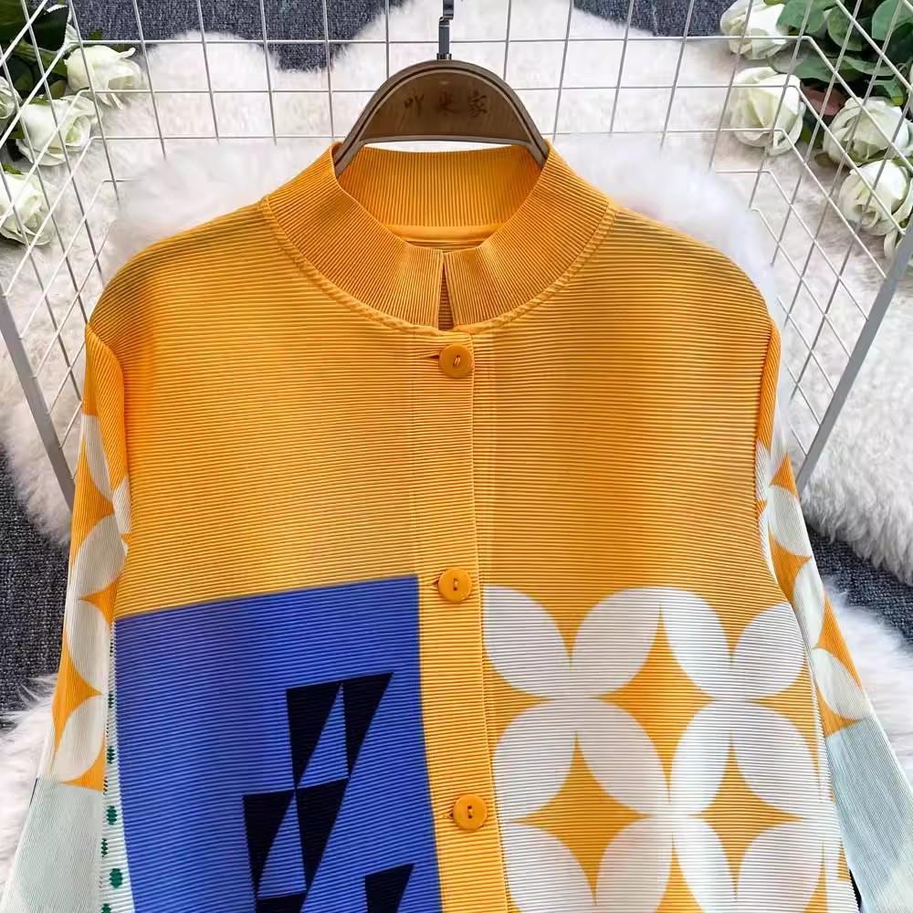 Autumn Spring Fashion Print Colorblock Oversized Loose Shirt Dresses Women's Single Breasted Draped Pleated Party Miyake Clothing