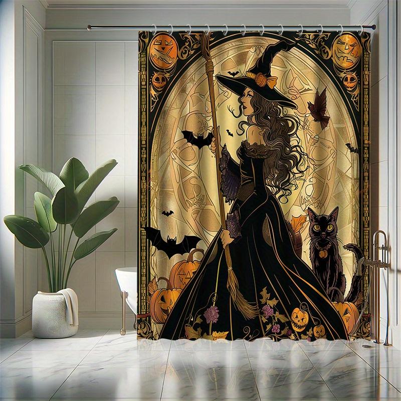 Halloween-Hexe Duschvorhang-Set - Süße Katze & Hexe, Wasserabweisendes Polyester, Maschinenwaschbar, Ganzjahres-, Moderne Dekoration