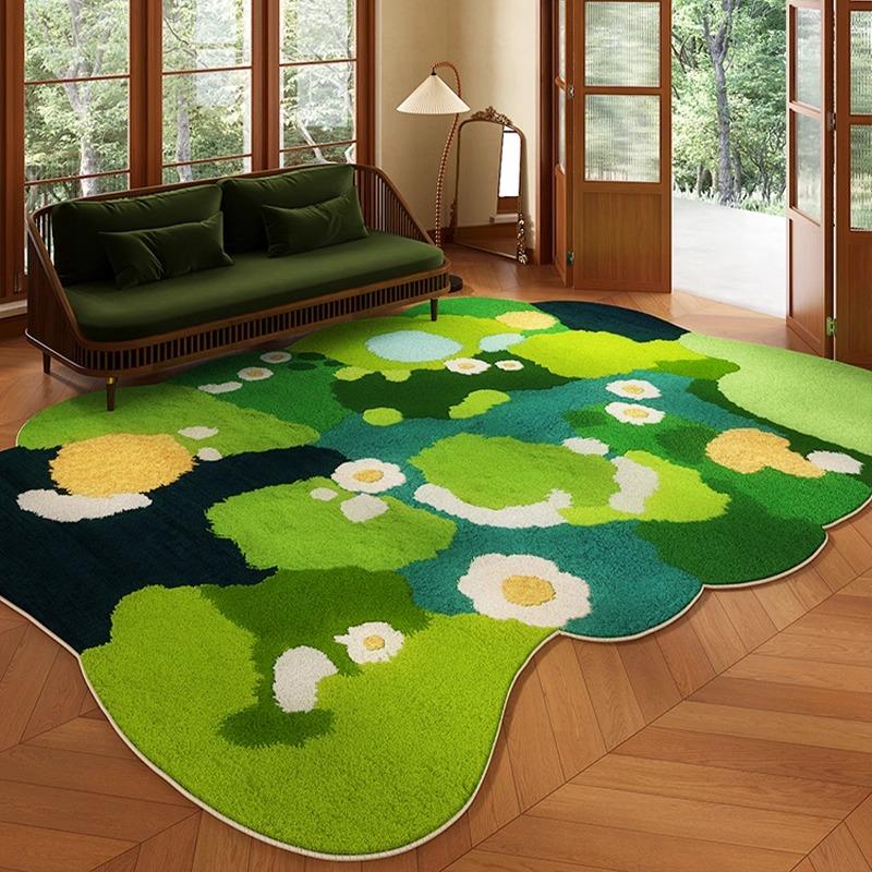 Green Living Room Rug Irregular Short Velvet Non-slip Floor Mat Bedroom Bedside Carpet Floral Retro Home Decor Teppich Alfombra