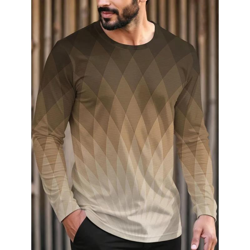 Autumn and Winter Men's Striped Geometric 3D Printed Crew Neck Long Sleeve T-Shirt