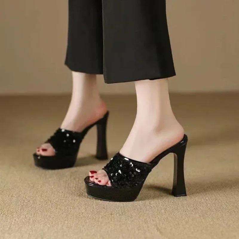 Transparent Platform Crystal Sandals 2025 Summer New Sequin Women Shoes Mules Peep Toe High Heels 11CM Thin High Heeled Slippers