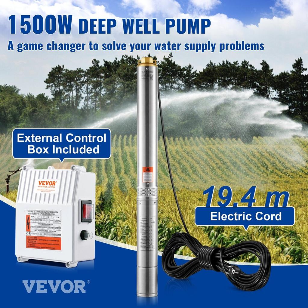 Bomba Sumergible para Pozos Profundos 1500W de Potencia 9.8 m³/h Caudal Máximo 108m Altura Máxima Bomba de Agua de Acero Inoxidable IP68 Impermeable con Caja de Control Externa para