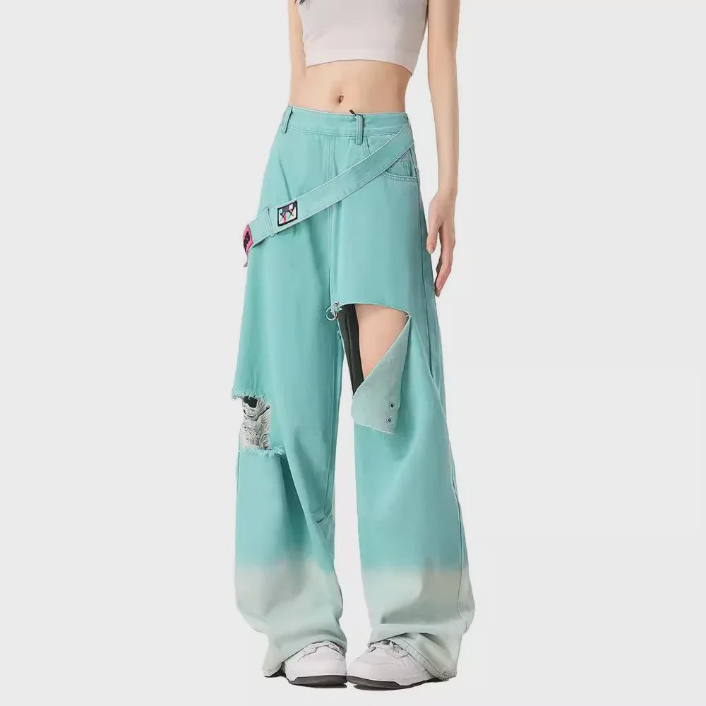 Damen Sommer Dünne Mintgrüne Mambo Retro Weitbeinige Zerrissene Jeans