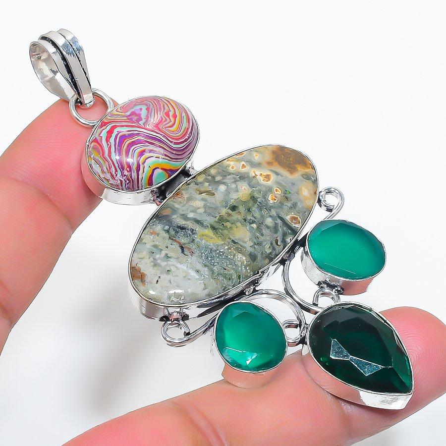 

Подвеска из натурального морского яшмы, кальцита, стерлингового серебра 925 пробы, 3,23 дюйма, L1E24