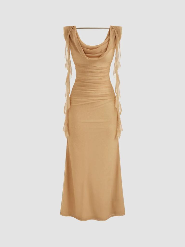 Women's Clothing Summer High-end Mesh Exquisite Dress, Swinging Collar Backless Streamer Design, Slim and Thin Temperament Long Dress