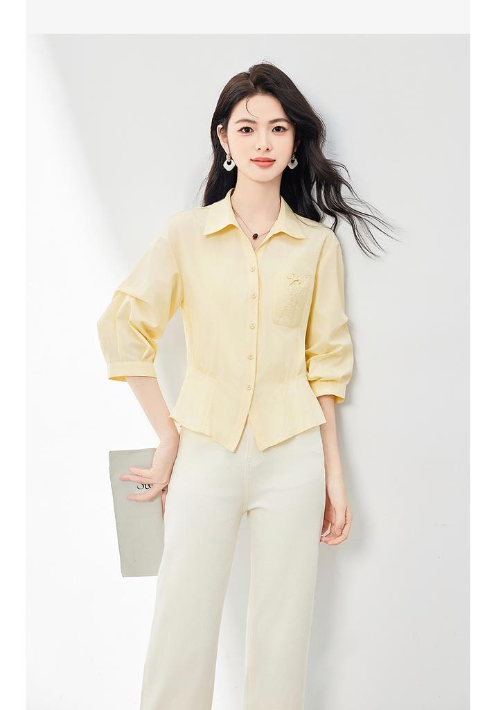 Relaxing commuting collar and waist cinching simple shirt