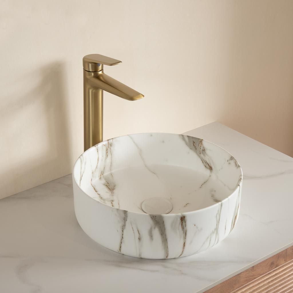 36cm Round Wash Bowl with Stone Grain, Basin Only, WITHOUT Faucet and Drain, WITHOUT Base Cabinet, Matte White