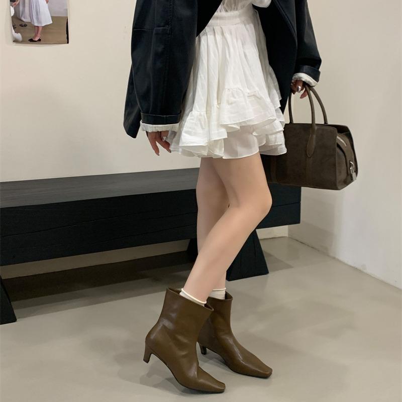 New Korean Version Heel Height 6.5cm~ Minimalist French Square Head Thin Heel Thin Short Ankle Boots Women
