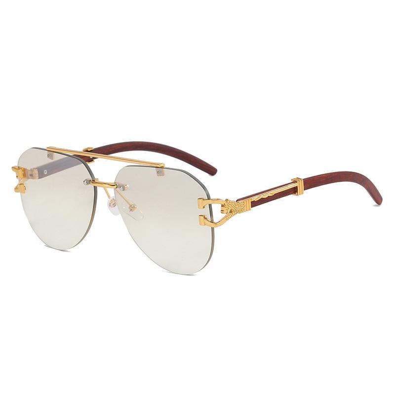 New Retro Frameless Double Beam Oval Women Sunglasses  Personality Wood Grain Leopard Design Trendy Men Casual Glasses Uv400