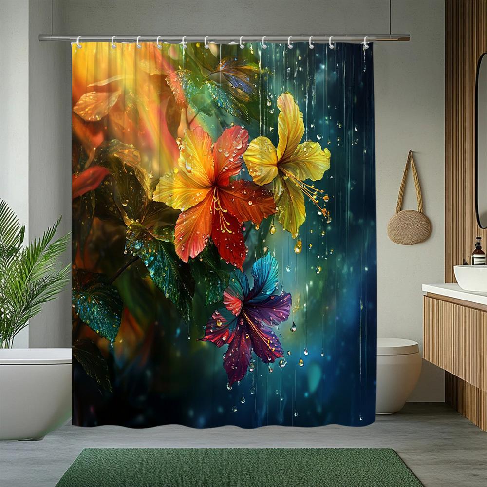 

Vibrant Tropical Hibiscus Flowers Shower Curtain - Colorful Raindrop Design For Modern Bathroom Dcor, Waterproof & Easy Care W60H190(CM)-1 Pcs