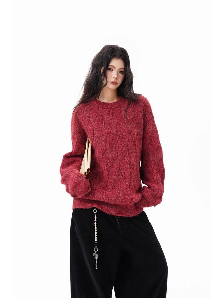 Men's Retro Cable Knit Sweater - Loose Fit, Round Neck, Autumn/Winter Pullover.