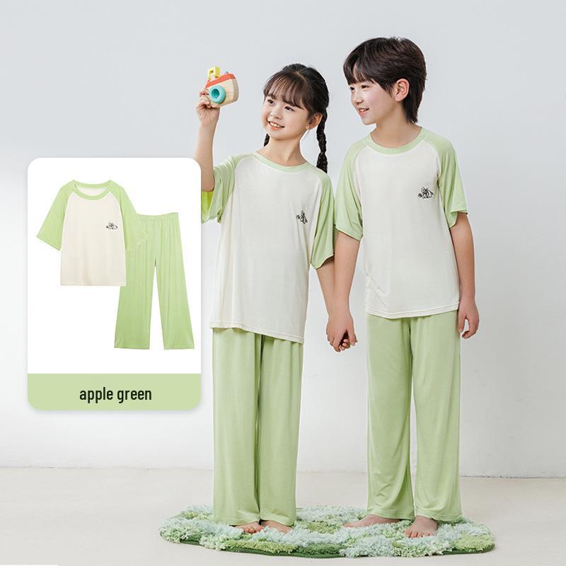 Modal Barnpyjamas: AC-dräkt för pojkar och flickor, kortärmad, set med långbyxor för tonåringar, sommarhemkläder