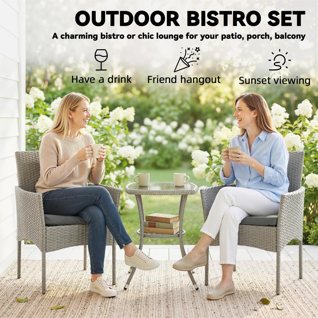 3 Piece Rattan Bistro Set, PE Wicker Garden Furniture Conversation Set with 2 Tier Glass-Top Table, Chairs, Dark Grey