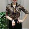 Damen Frühling und Herbst Bedrucktes Hemd mit Umlegekragen Vintage Langarm Diamanten Gespleißte Lässige Bluse