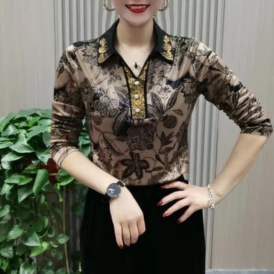 Cămașă de damă pentru primăvară și toamnă, cu imprimeu, guler răsucit, mânecă lungă vintage, splicing cu diamante, bluză casual
